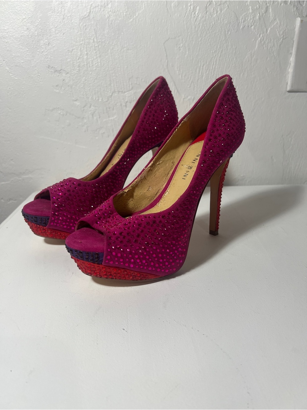 Gianni Bini Fuchsia Crystal Peep-Toe Platform Heels - Women